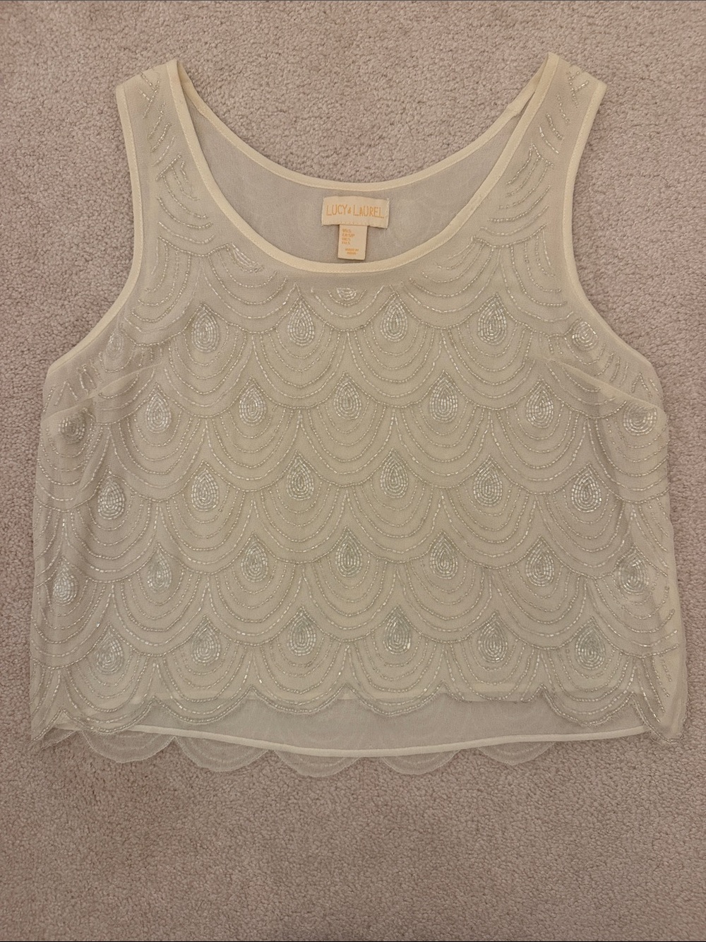 Lucy & Laurel Cream Beaded Scallop Mesh Tank